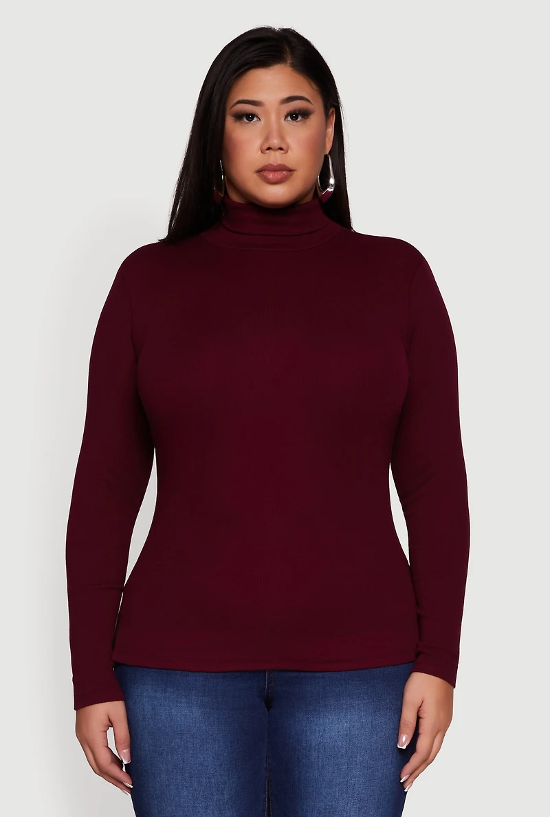 Womens Plus Ribbed Knit Turtleneck Long Sleeve Top, 3X