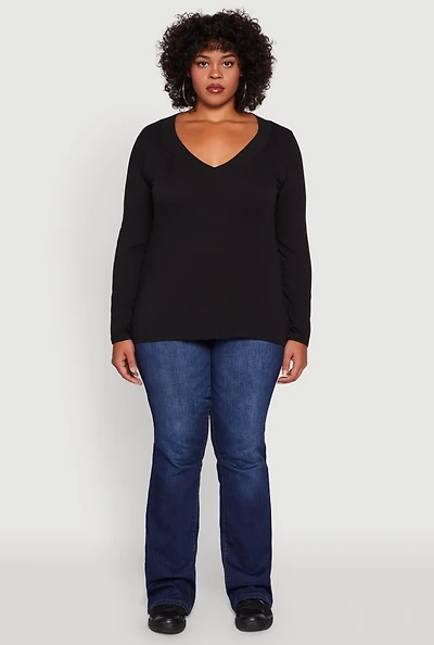 Womens Plus Long Sleeve V-Neck Basic Tee,