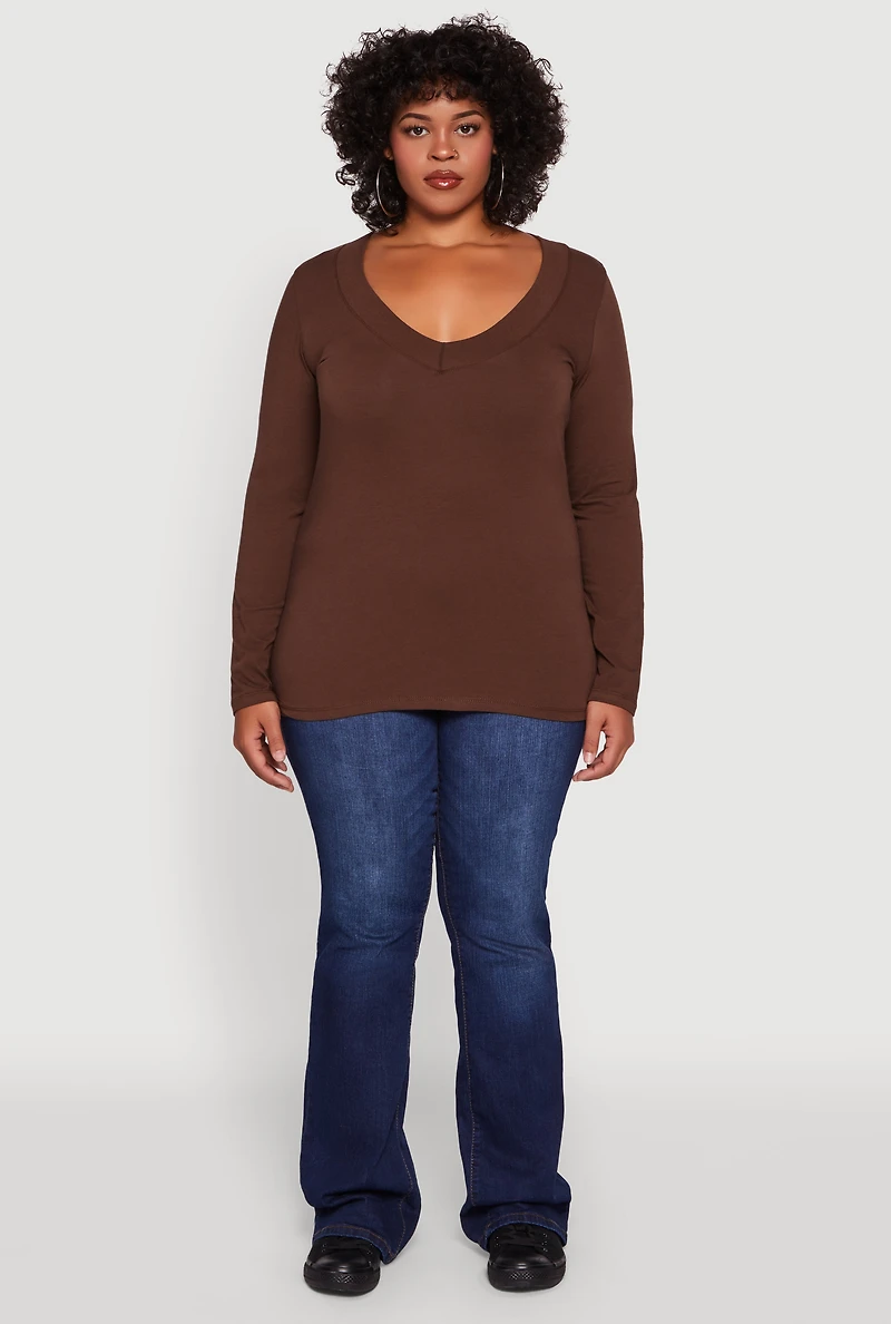 Womens Plus Long Sleeve V-Neck Basic Tee,