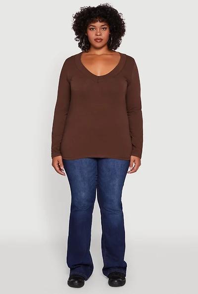Womens Plus Long Sleeve V-Neck Basic Tee,
