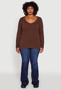 Womens Plus Long Sleeve V-Neck Basic Tee,