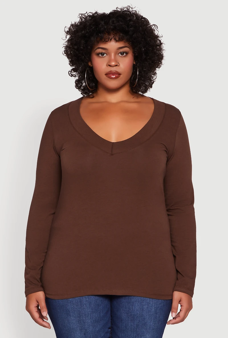 Womens Plus Long Sleeve V-Neck Basic Tee,