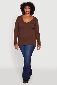Womens Plus Long Sleeve V-Neck Basic Tee,