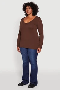Womens Plus Long Sleeve V-Neck Basic Tee,