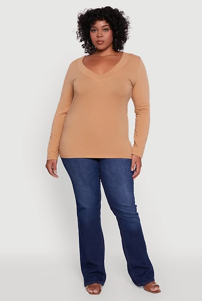 Womens Plus Long Sleeve V-Neck Basic Tee,
