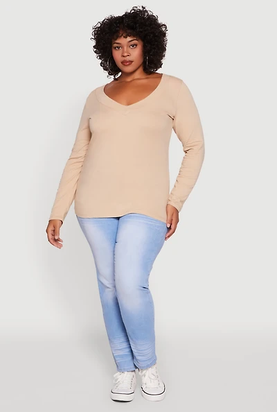 Womens Plus Long Sleeve V-Neck Basic Tee,