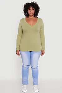 Womens Plus Size Long Sleeve V-Neck Basic Tee, Green, Size 3X