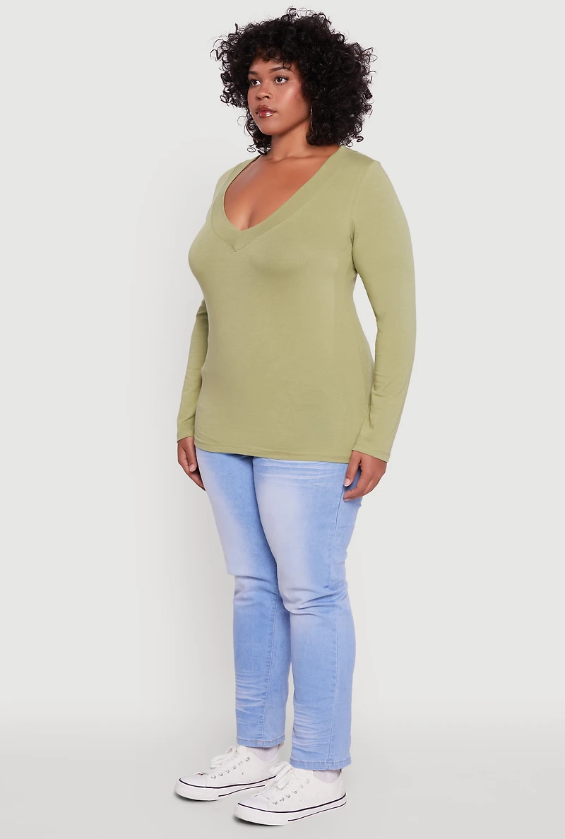 Womens Plus Size Long Sleeve V-Neck Basic Tee, Green, Size 3X