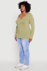 Womens Plus Size Long Sleeve V-Neck Basic Tee, Green, Size 3X