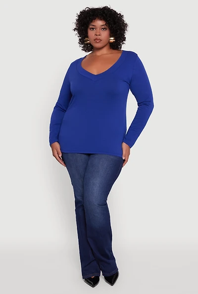 Plus Long Sleeve V-Neck Basic Tee