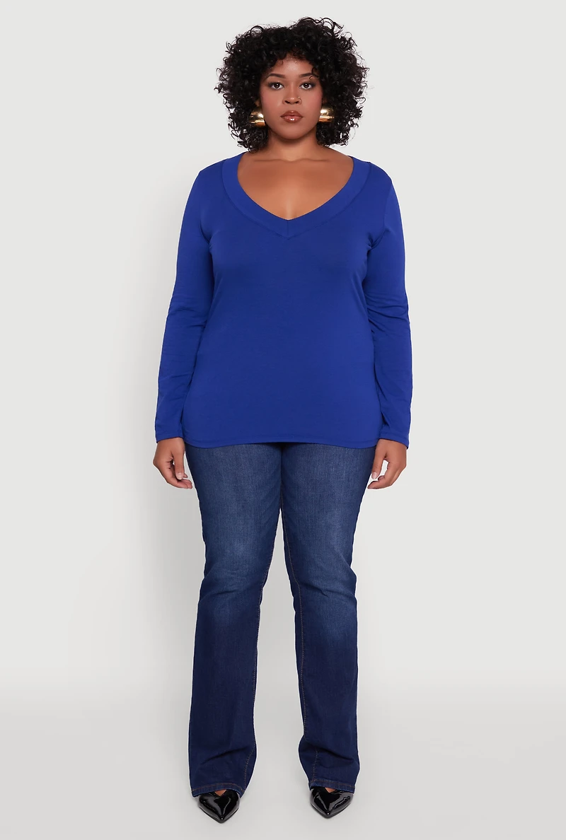 Plus Long Sleeve V-Neck Basic Tee