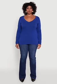 Plus Long Sleeve V-Neck Basic Tee