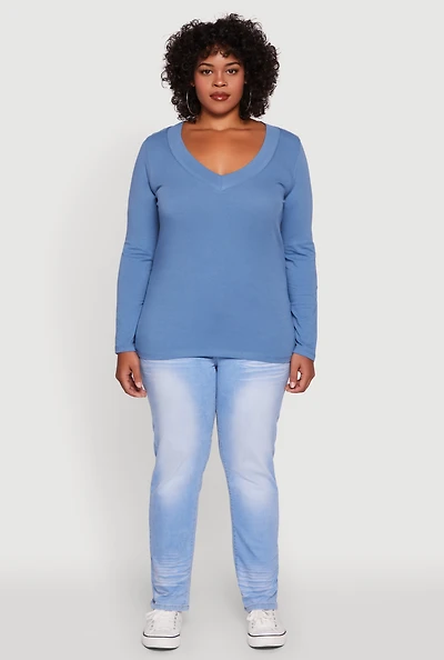 Womens Plus Long Sleeve V-Neck Basic Tee,