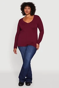 Womens Plus Long Sleeve V-Neck Basic Tee,