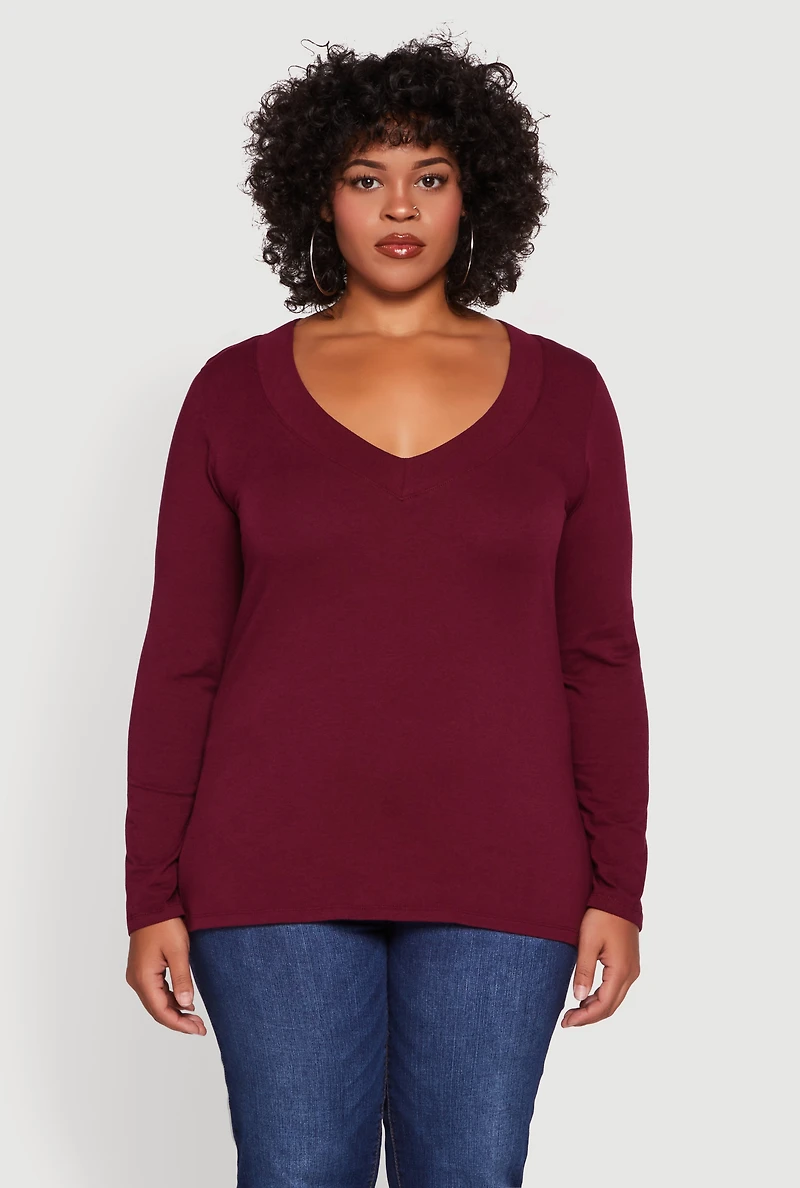 Womens Plus Long Sleeve V-Neck Basic Tee,