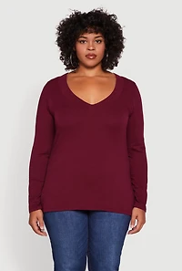 Womens Plus Long Sleeve V-Neck Basic Tee,
