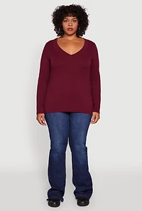 Womens Plus Long Sleeve V-Neck Basic Tee,