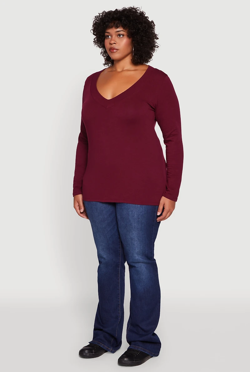 Womens Plus Long Sleeve V-Neck Basic Tee,