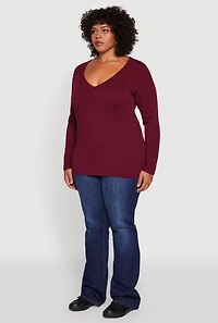 Womens Plus Long Sleeve V-Neck Basic Tee,