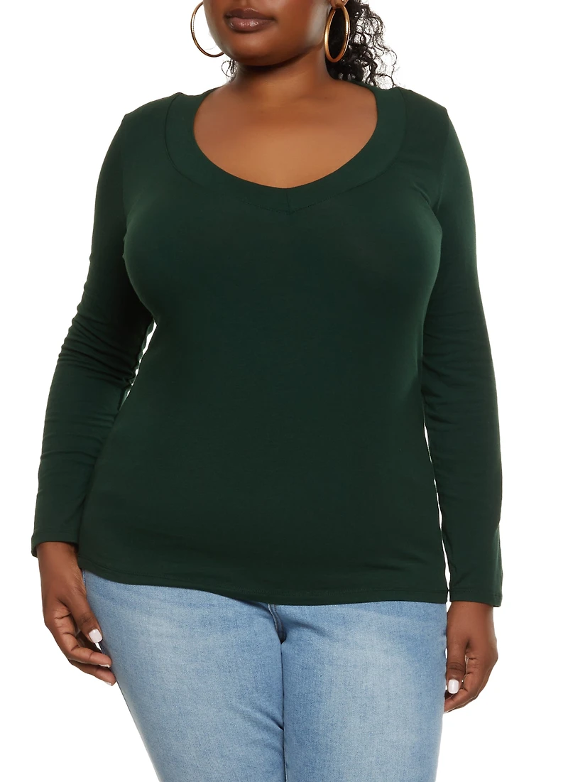 Womens Plus Solid V Neck Long Sleeve Tee,