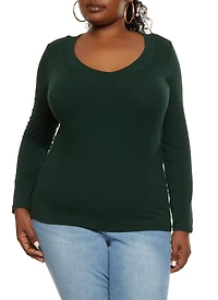 Womens Plus Solid V Neck Long Sleeve Tee,
