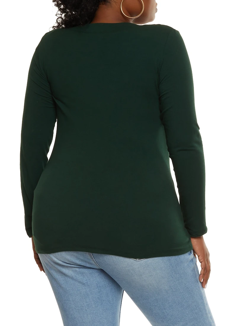 Womens Plus Solid V Neck Long Sleeve Tee,