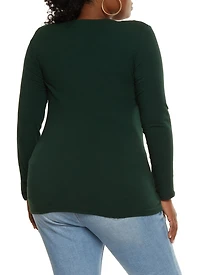 Womens Plus Solid V Neck Long Sleeve Tee,