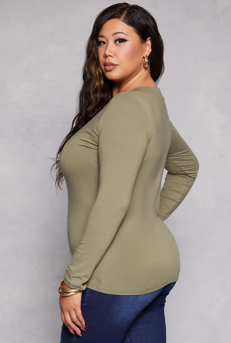 Womens Plus Solid V Neck Long Sleeve Tee,