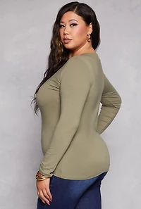 Womens Plus Solid V Neck Long Sleeve Tee,