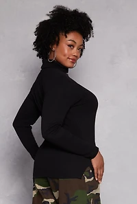 Womens Plus Size Ribbed Knit Long Sleeve Turtleneck Top, Black, Size 3X