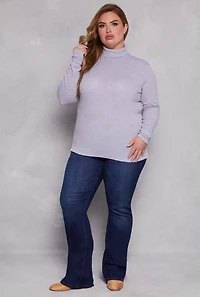 Womens Plus Size Ribbed Knit Long Sleeve Turtleneck Top, Grey, Size 1X
