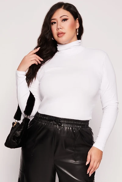 Womens Plus Size Ribbed Knit Long Sleeve Turtleneck Top, White, Size 1X