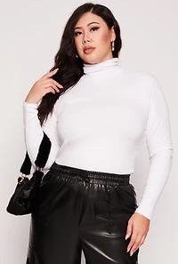 Womens Plus Size Ribbed Knit Long Sleeve Turtleneck Top, White, Size 1X