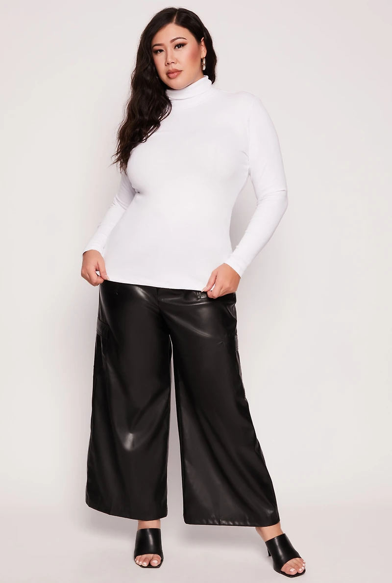 Womens Plus Size Ribbed Knit Long Sleeve Turtleneck Top, White, Size 1X