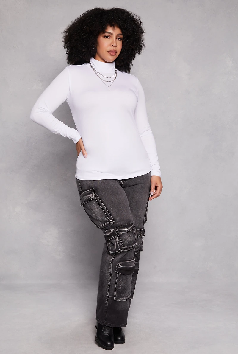 Womens Plus Size Ruched Mock Neck T Shirt, White, Size 1X