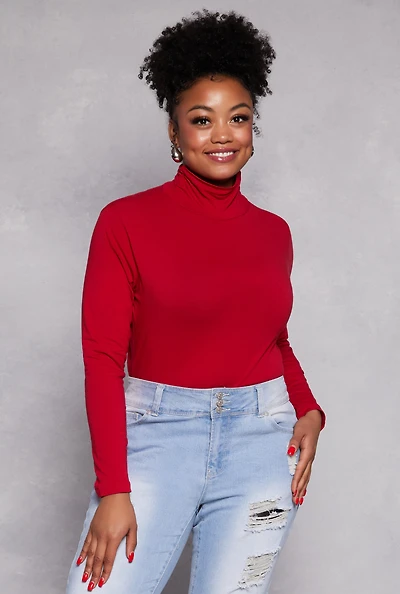Womens Plus Size Ruched Mock Neck T Shirt, Red, Size 3X