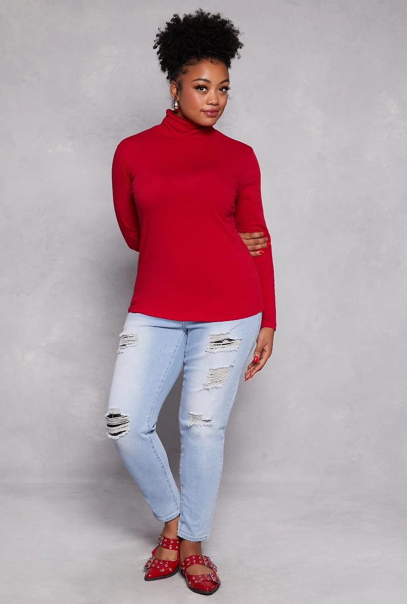 Womens Plus Size Ruched Mock Neck T Shirt, Red, Size 2X