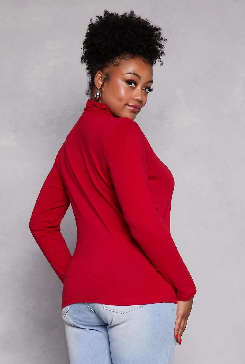 Womens Plus Size Ruched Mock Neck T Shirt, Red, Size 3X