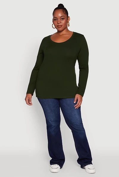 Womens Plus Size Long Sleeve Scoop Neck Tee, Green, Size 2X