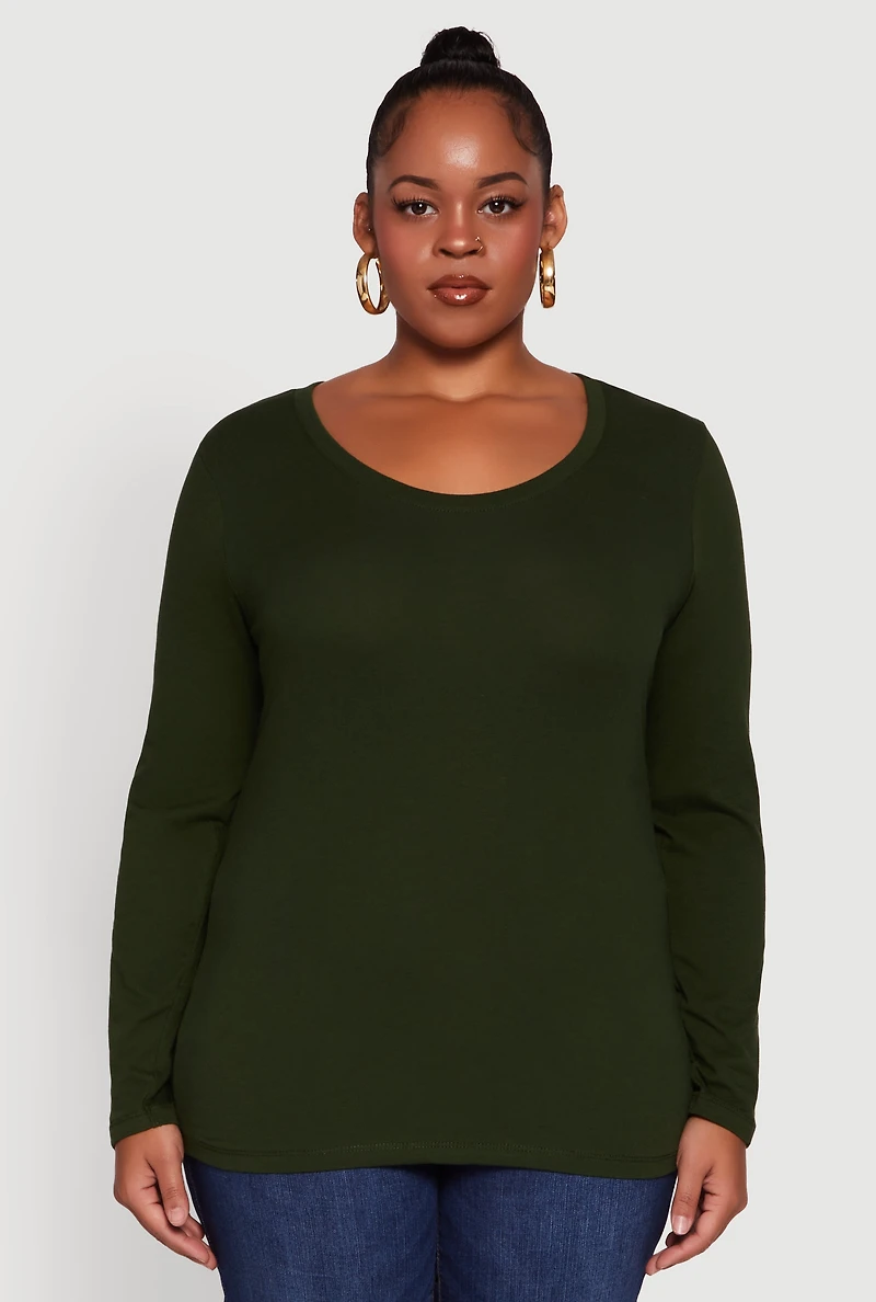 Womens Plus Size Long Sleeve Scoop Neck Tee, Green, Size 2X