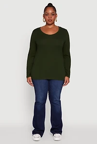 Womens Plus Size Long Sleeve Scoop Neck Tee, Green, Size 2X