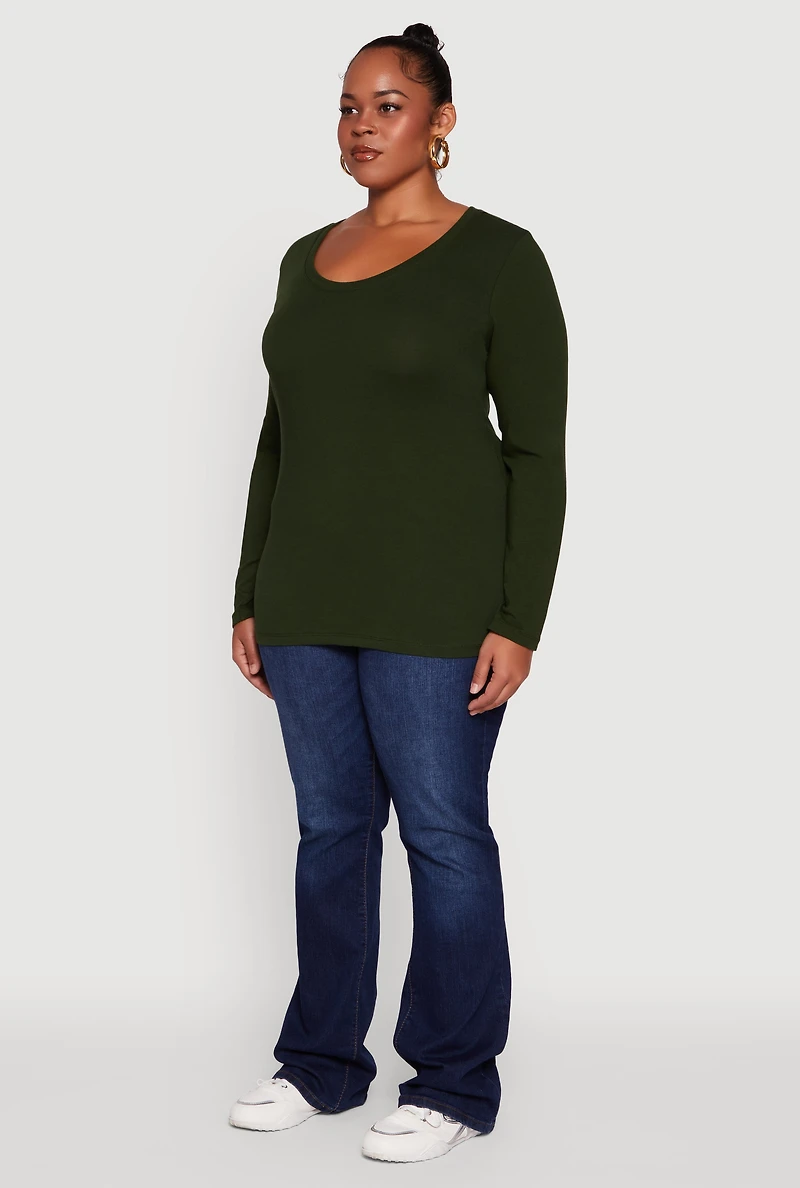 Womens Plus Size Long Sleeve Scoop Neck Tee, Green, Size 2X