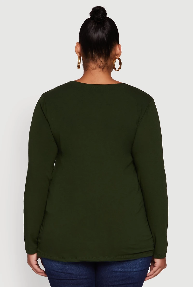 Womens Plus Size Long Sleeve Scoop Neck Tee, Green, Size 2X