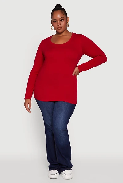 Womens Plus Size Long Sleeve Scoop Neck Tee, Red, Size 2X