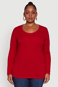 Womens Plus Size Long Sleeve Scoop Neck Tee, Red, Size 2X