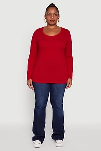 Womens Plus Size Long Sleeve Scoop Neck Tee, Red, Size 2X