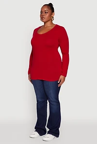 Womens Plus Size Long Sleeve Scoop Neck Tee, Red, Size 2X