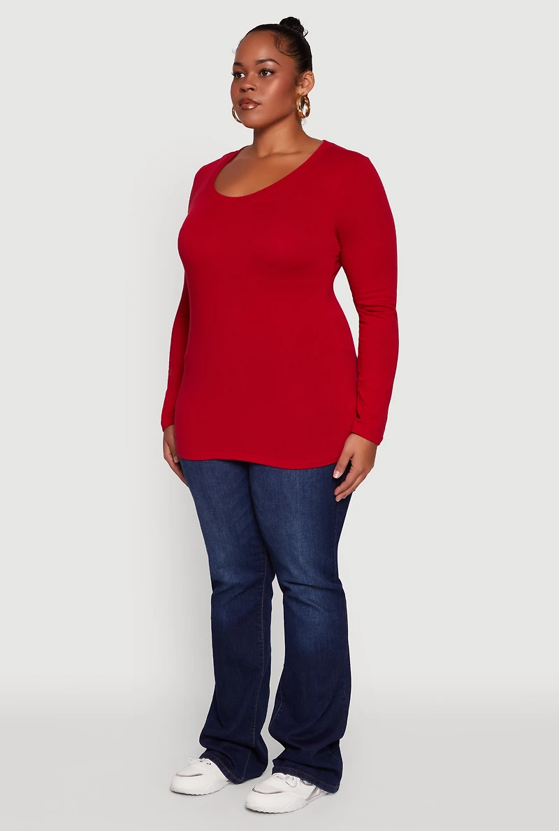 Womens Plus Size Long Sleeve Scoop Neck Tee, Red, Size 3X