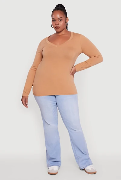 Womens Plus Long Sleeve V-Neck Tee,