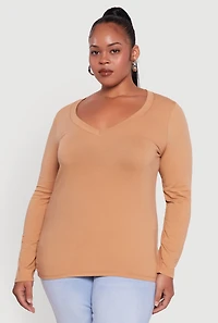 Womens Plus Long Sleeve V-Neck Tee,